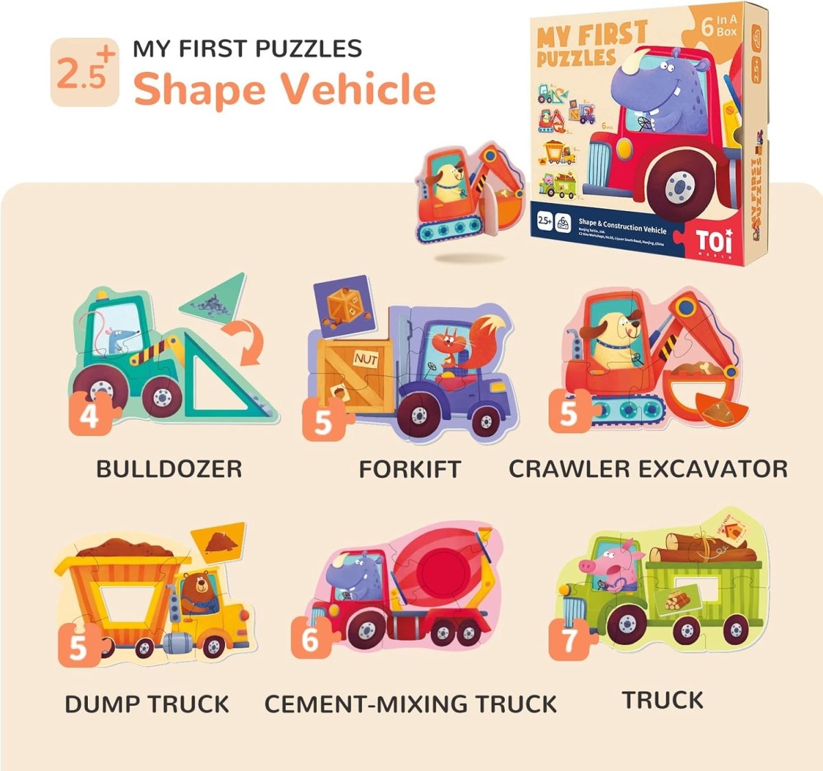 TOI World My First Puzzles Shape & Construction Vehicle 6 in 1 Puzzles - Explorers Gifts