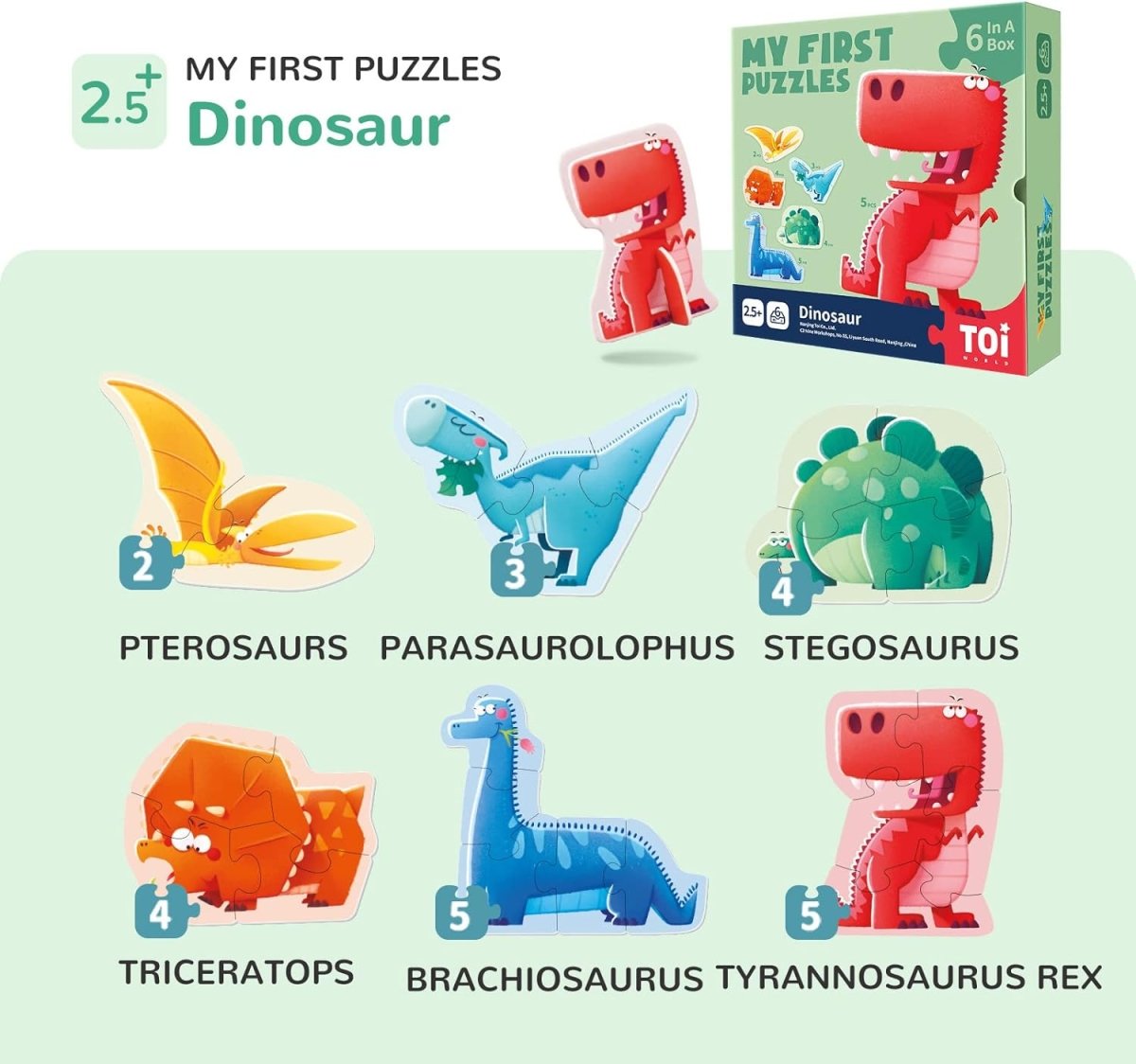 TOI World My First Puzzles Dinosaur Leveled Puzzles 6 in 1 Progressive Puzzles - Explorers Gifts