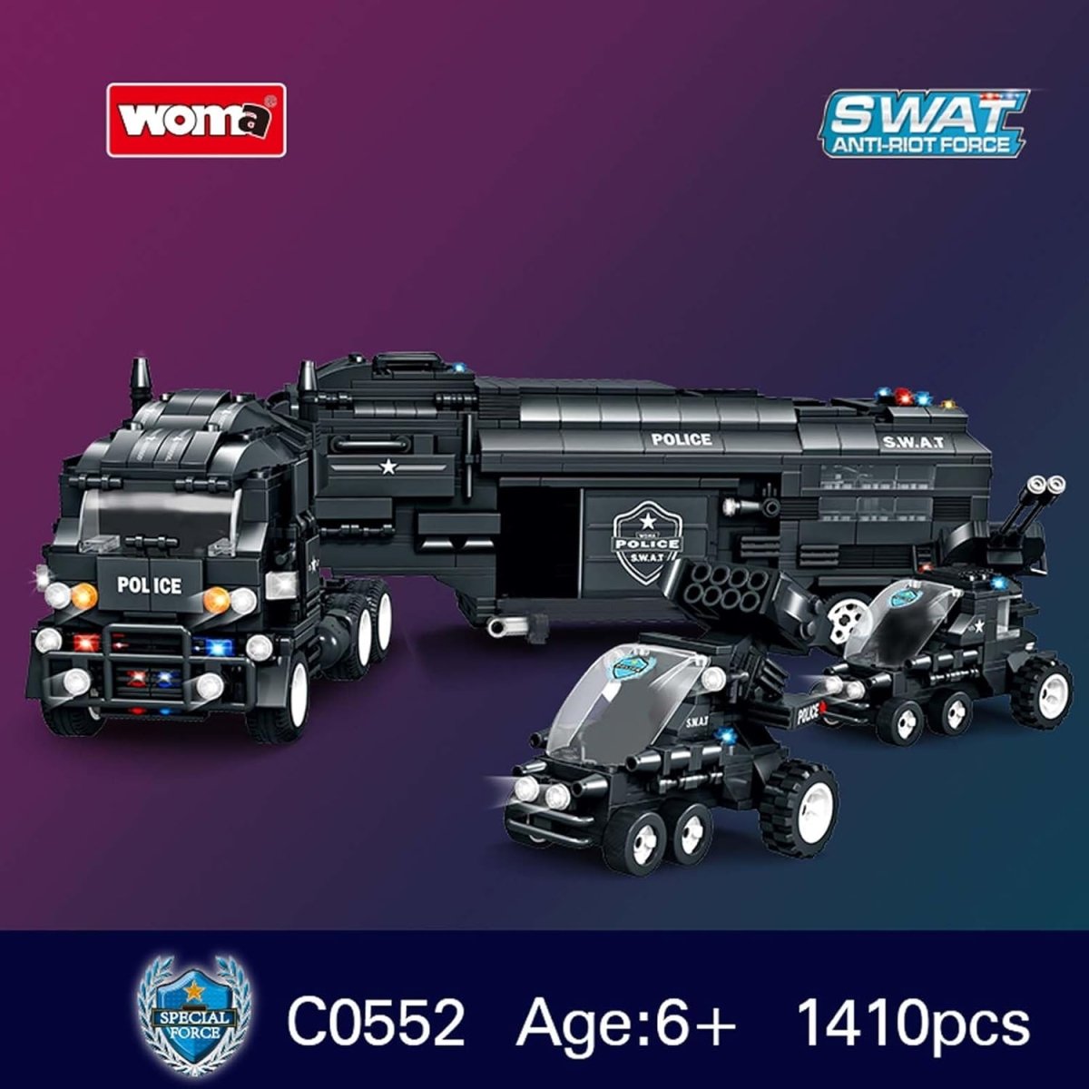 WOMA Thunderstorm Armoured Vehicle SWAT Anti - Riot Force Block Toys 1413 Pcs - Explorers Gifts
