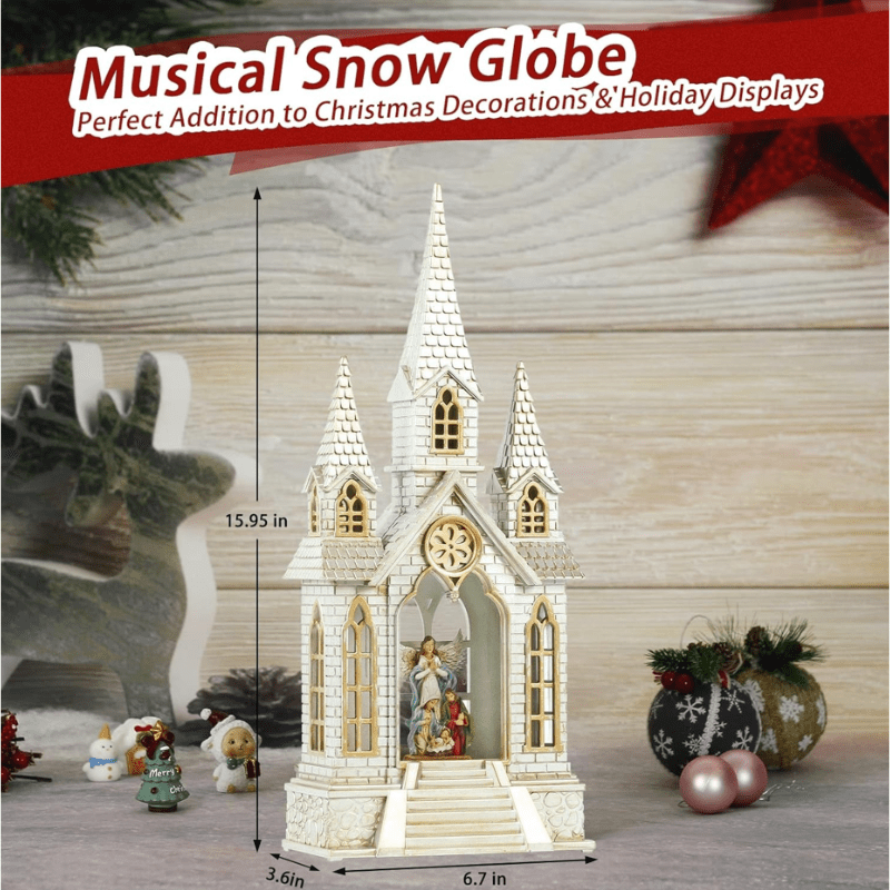 Explorers Lighted Nativity Snow Water Lantern Church with Two Side Wings - 16 Inch - Explorers Gifts