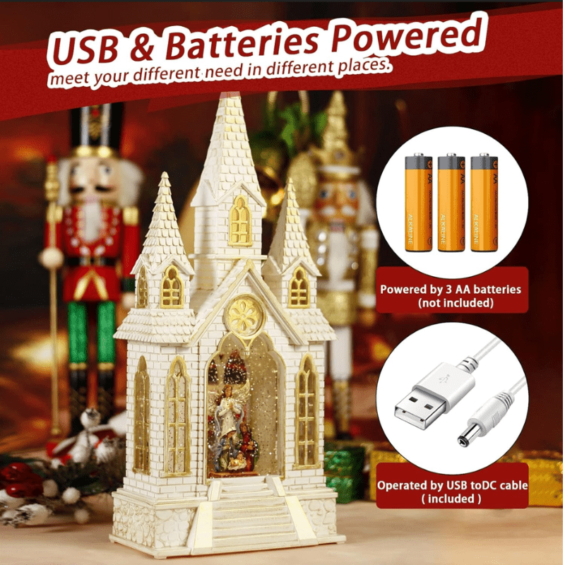 Explorers Lighted Nativity Snow Water Lantern Church with Two Side Wings - 16 Inch - Explorers Gifts