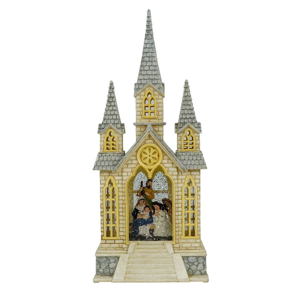 Explorers Lighted Nativity Snow Water Lantern Church with Two Side Wings - 16 Inch - Explorers Gifts
