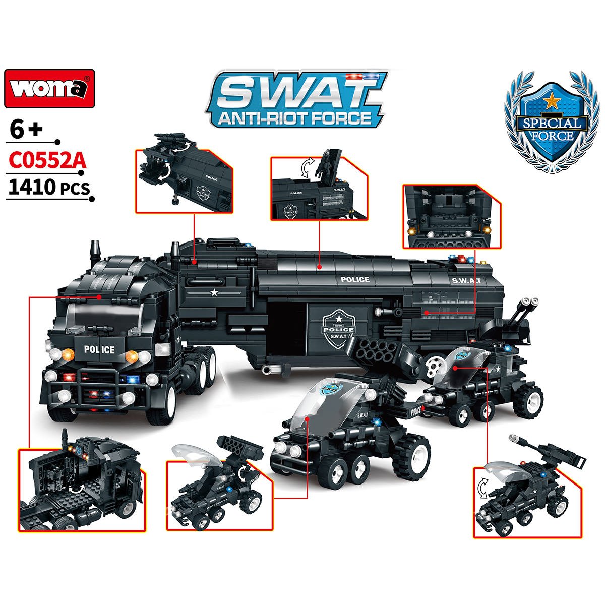 WOMA Thunderstorm Armoured Vehicle SWAT Anti - Riot Force Block Toys 1413 Pcs - Explorers Gifts