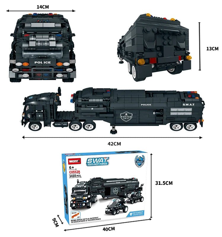 WOMA Thunderstorm Armoured Vehicle SWAT Anti - Riot Force Block Toys 1413 Pcs - Explorers Gifts