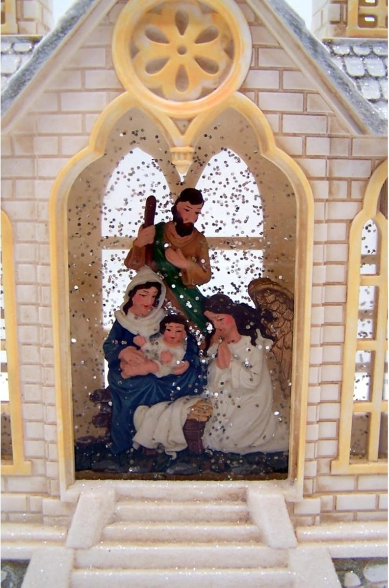 Explorers Lighted Nativity Snow Water Lantern Church with Two Side Wings - 16 Inch - Explorers Gifts