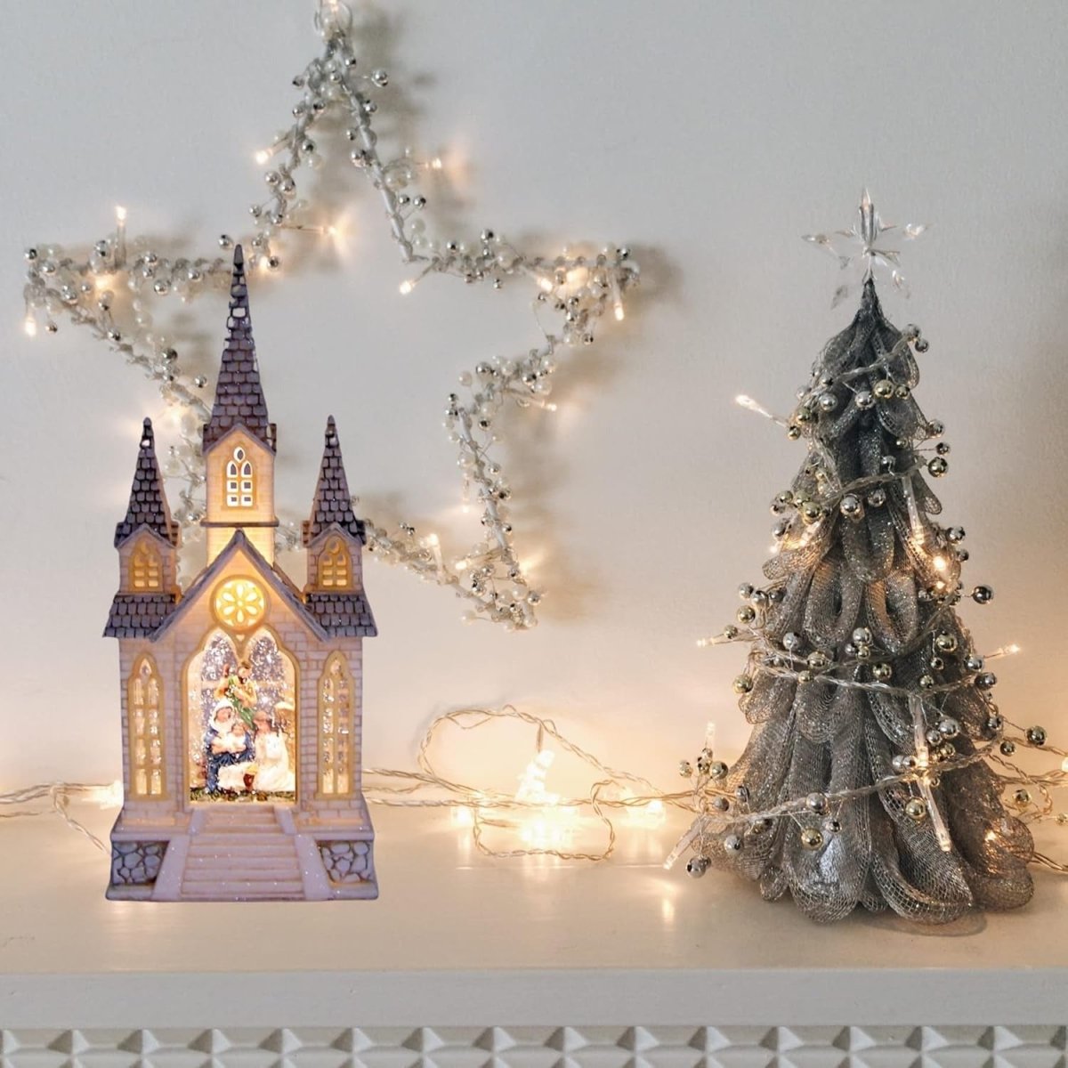 Explorers Lighted Nativity Snow Water Lantern Church with Two Side Wings - 16 Inch - Explorers Gifts