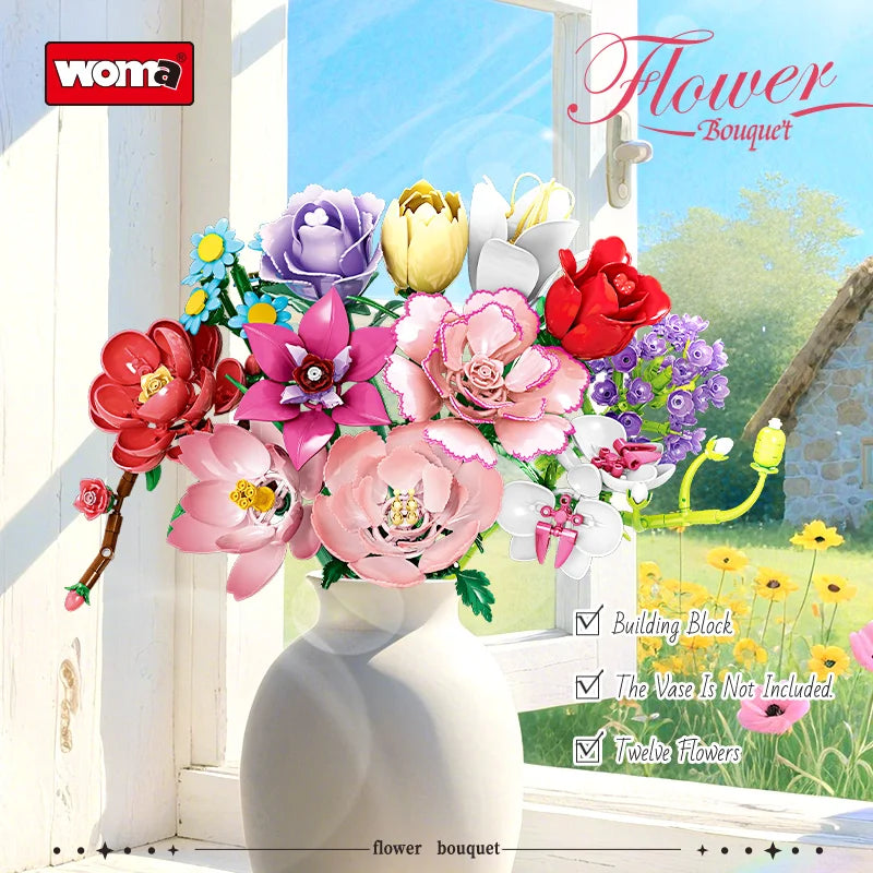 Woma 12-Type Flower Bouquet Building Blocks Toy Only One Flower