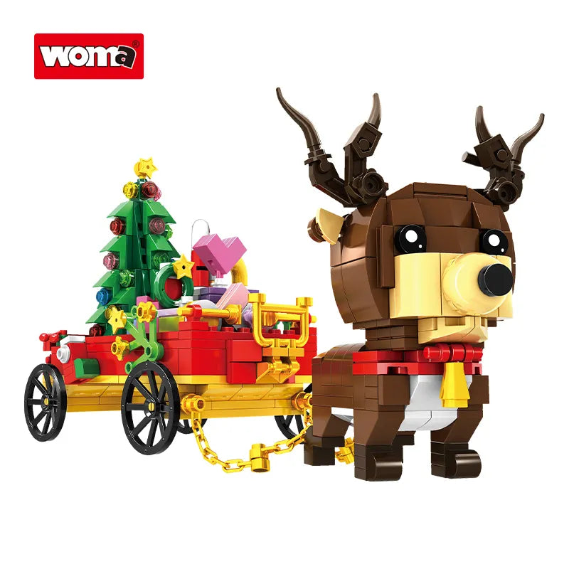 A building block toy set featuring a reindeer cart with Christmas gifts and a miniature Christmas tree.