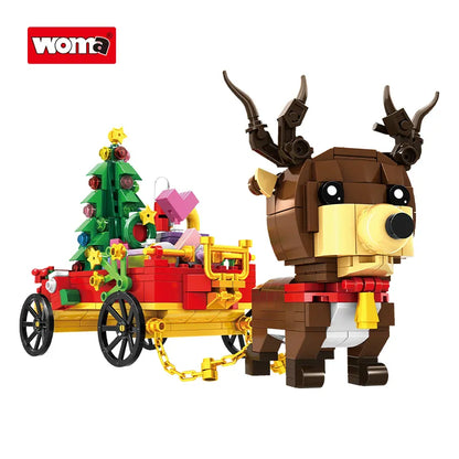 A building block toy set featuring a reindeer cart with Christmas gifts and a miniature Christmas tree.