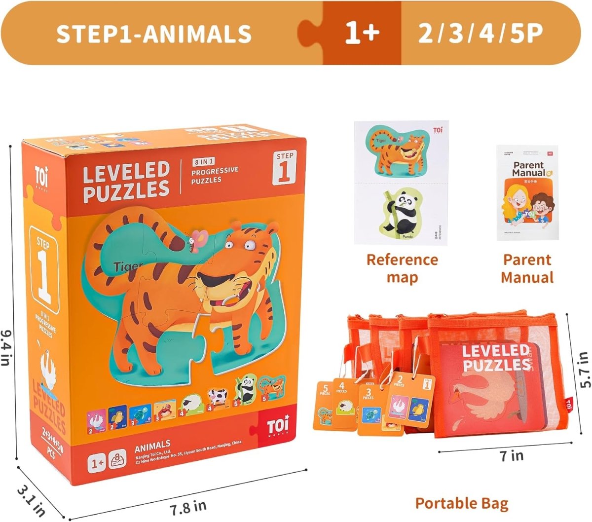 TOI World Animals Leveled Puzzles 8 in 1 Progressive Puzzles Step 1 - Explorers Gifts