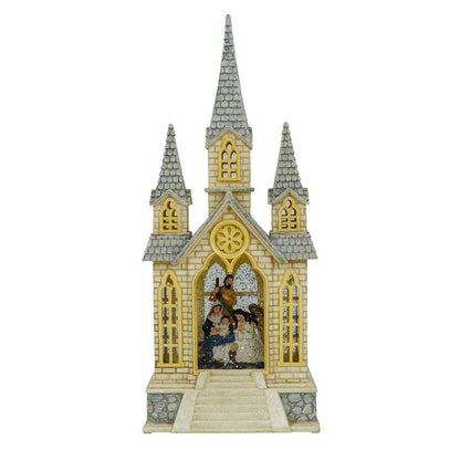 Explorers Lighted Nativity Snow Water Lantern Church with Two Side Wings - 16 Inch - Explorers Gifts