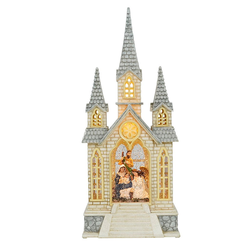 Explorers Lighted Nativity Snow Water Lantern Church with Two Side Wings - 16 Inch - Explorers Gifts
