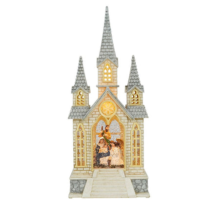 Explorers Lighted Nativity Snow Water Lantern Church with Two Side Wings - 16 Inch - Explorers Gifts