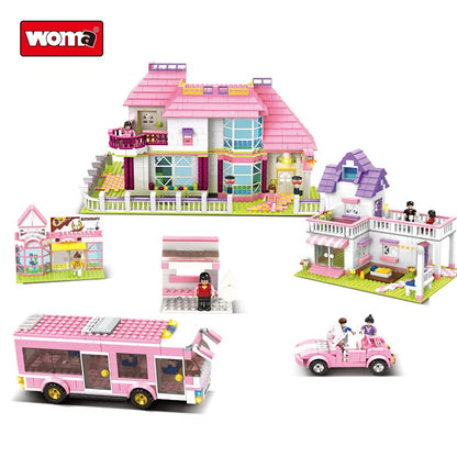 Woma Pink Villa House Toy Model Building With 12 Mini Figures 1898 Pcs